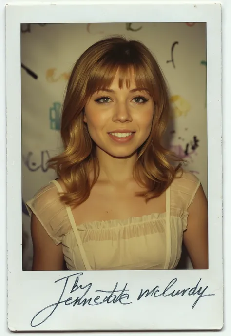 Ultra-realistic analog Polaroid of a 20 year old JennetteMcCurdy wearing a ruffled dress, long hair, lead blue eyes, smile, shot on a vintage 600-series camera. Warm, faded tones, soft grain, and subtle imperfections create an authentic retro aesthetic. Th...