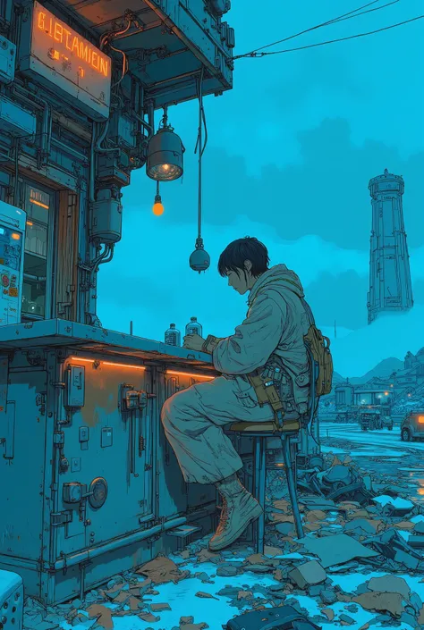 cyberpunk dystopian world, dominant blue color tone, outdoor bar partially visible, not a city setting, surrounded by fog-covered wasteland with rubble and broken debris, (massive cyberpunk pillars rising in the distant background, partially shrouded in mi...