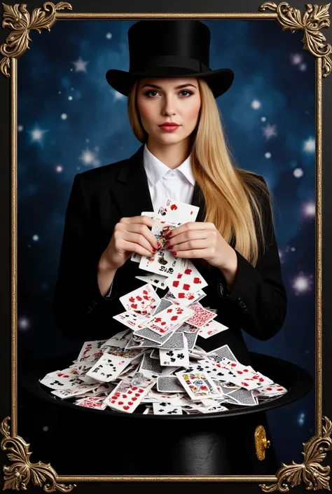 Create a realistic photograph of a beautiful 20-year-old girl with fair skin and long straight blonde hair. She should be dressed in a magician's outfit, captured in full body as a multitude of playing cards spills out from her hat. The background should d...