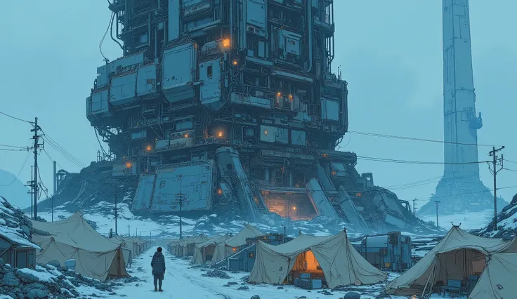 wide angle view, slightly top-down perspective, cyberpunk dystopian world, dominant blue color tone, vast wasteland of rubble and twisted metal, (colossal, ruined futuristic factory structure towering in the landscape, made of dark decayed steel and shatte...