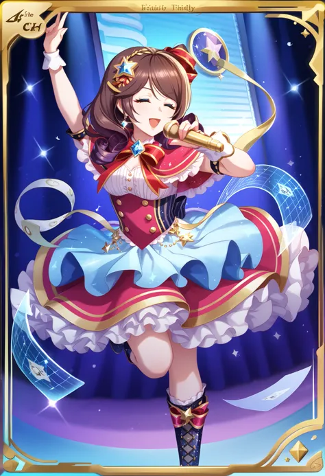 A dazzling idol trading card with a golden border and a holographic finish, featuring a high-rarity "SSR" icon in an octagon at the top-left corner. The card showcases a glamorous anime-style girl performing on stage. She is the lead member of an idol grou...