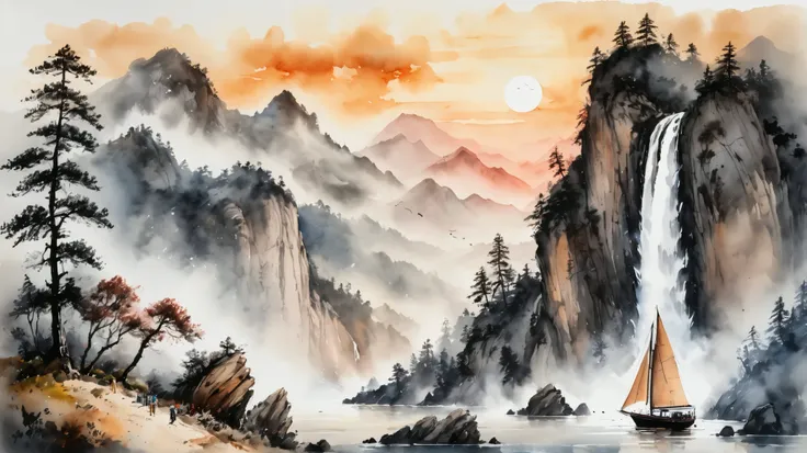 ink-Painting ,ink and cleaning,Painting \( head \),traditional media,watercolor\( head \),Scenery,mountain,Waterfall ,tree,sunset,Long Kang,sailboat,aerial photography,very wide shot,wide shot,from above,, (masterpiece, top quality, high quality, high res...