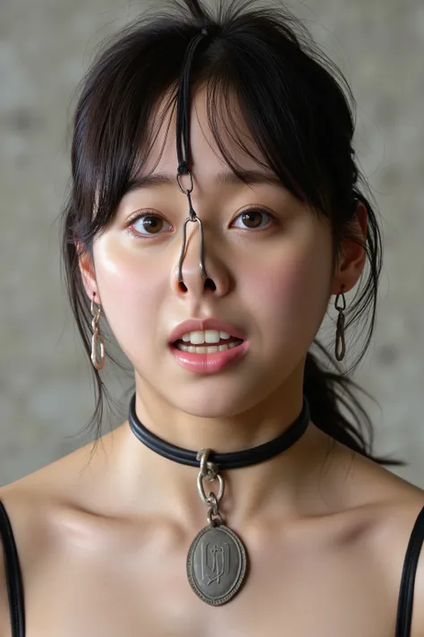 A high resolution photograph of a young Japanese woman, masterpiece, photo-realistic, natural lighting, film grain, portrait, fashion shoot, solo, 1girl, off-shoulder dress, black hair, tilted head, detailed face, detailed eyes, amber eyes, beautiful pupil...
