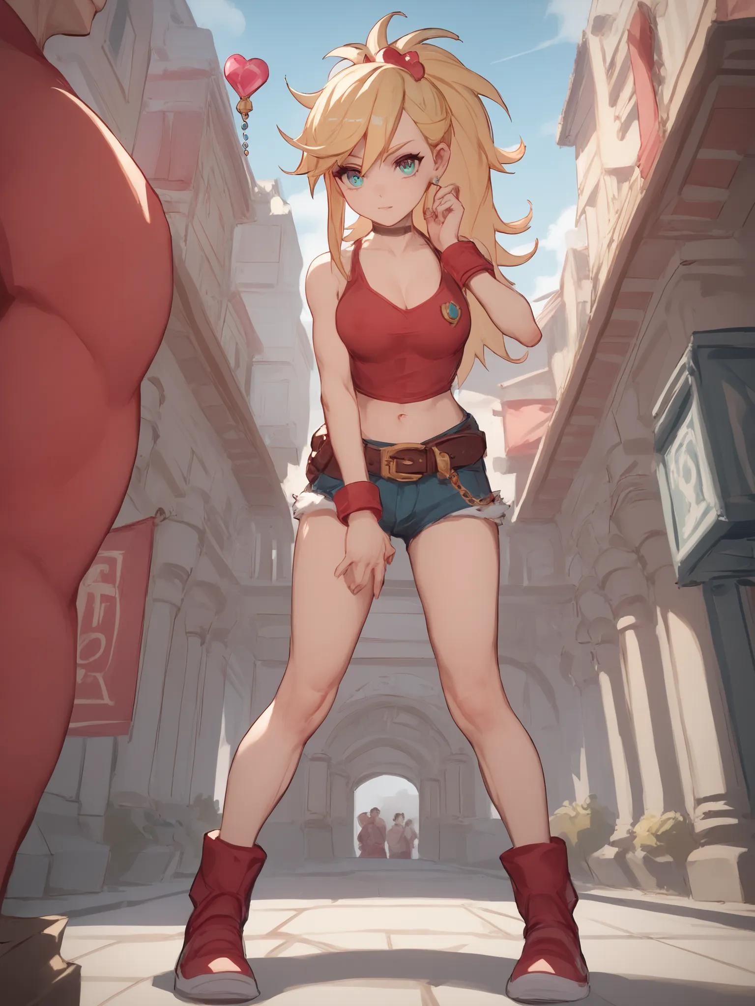 young girl, long blonde hair, Hairpin with a bundle,  turquoise eyes, red tight uniform, Sleeveless, Wide neckline on the chest to the abdomen, Gold Elements, Red outfit, Shorts, Masterpiece, hiquality, 4k, HD, Good details, full body view, fullbody overvi...