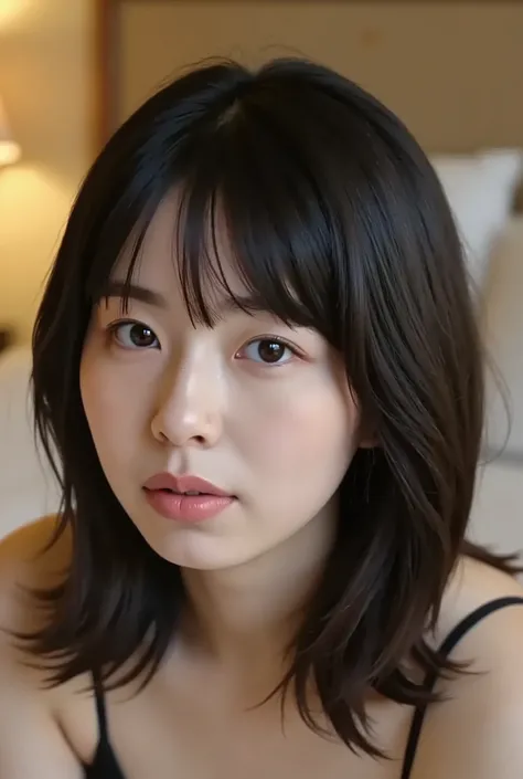 (( Highest Quality )), ((masterpiece)), ( details), Japanese, first person view ,woman lying on her back, sexy,( has sex in the bedroom ),(( Voluptuous women, petite woman )),(( abnormally large breasts , completely naked, short bob...