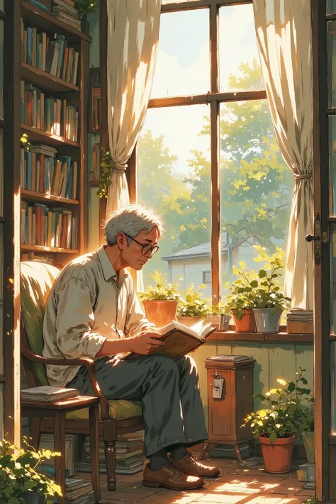 an elderly man reading a hardcover book by the window, sunlight streaming through the lace curtains, surrounded by potted plants and bookshelves, serene and nostalgic mood, whispering-light
