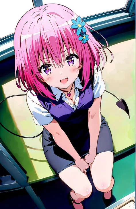 
Momo Deviluke, Demon Tail, hair flower, hair ornament, PURPLE EYES, pink hair, short hair, Medium breast,cleavage,heart shaped necklace,smile,blush,open your mouth,OL,  red glasses, end, black suit jacket,  collared jacket, white dress shirt, collar shirt...