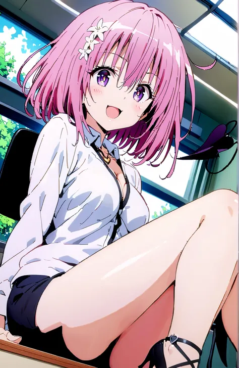 
Momo Deviluke, Demon Tail, hair flower, hair ornament, PURPLE EYES, pink hair, short hair, Medium breast,heart shaped necklace,smile,blush,open your mouth,OL,  red glasses, end, black suit jacket,  collared jacket, white dress shirt, collar shirt, button,...