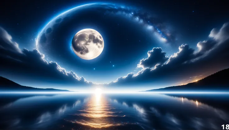 ( Big blue moon ), 超high image quality, high image quality , High Quality ,Amazing Scenery,night sky,( Milky Way Galaxy ),,Massive moon and stars moving into the lake々,
