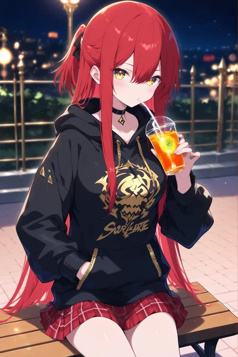 1 girl , golden eyes , very long hair , long sidelocks, red hair ,half updo, petite , very cute , beautiful ,Straight hair, cool, handsome, hair between eyes, sexy, medium breasts , drinking, print hoodie, black hoodie, hood down, black choker, zipper, lo...