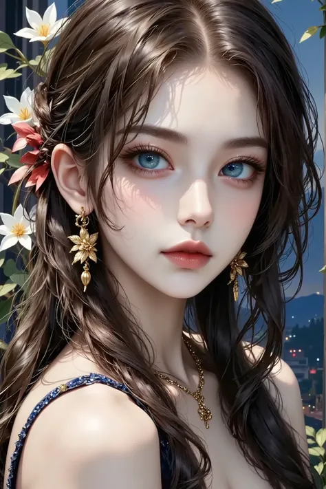 masterpiece, best quality, high resolution, 4K,8k,(realistic, photo realistic: 1.5),BLUE AND GOLD DUET, ((Art using only blue and gold)),Beautiful woman like a goddess,Earrings to be issued、 complicated ,,BEAUTIFUL AND BOLD, detailed art 、The background i...