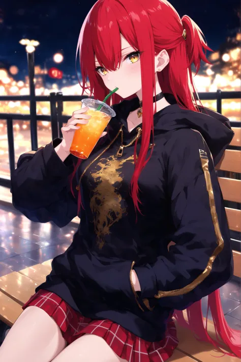 1 girl , golden eyes , very long hair , long sidelocks, red hair ,half updo, petite , very cute , beautiful ,Straight hair, cool, handsome, hair between eyes, sexy, medium breasts , drinking, print hoodie, black hoodie, hood down, black choker, zipper, lo...