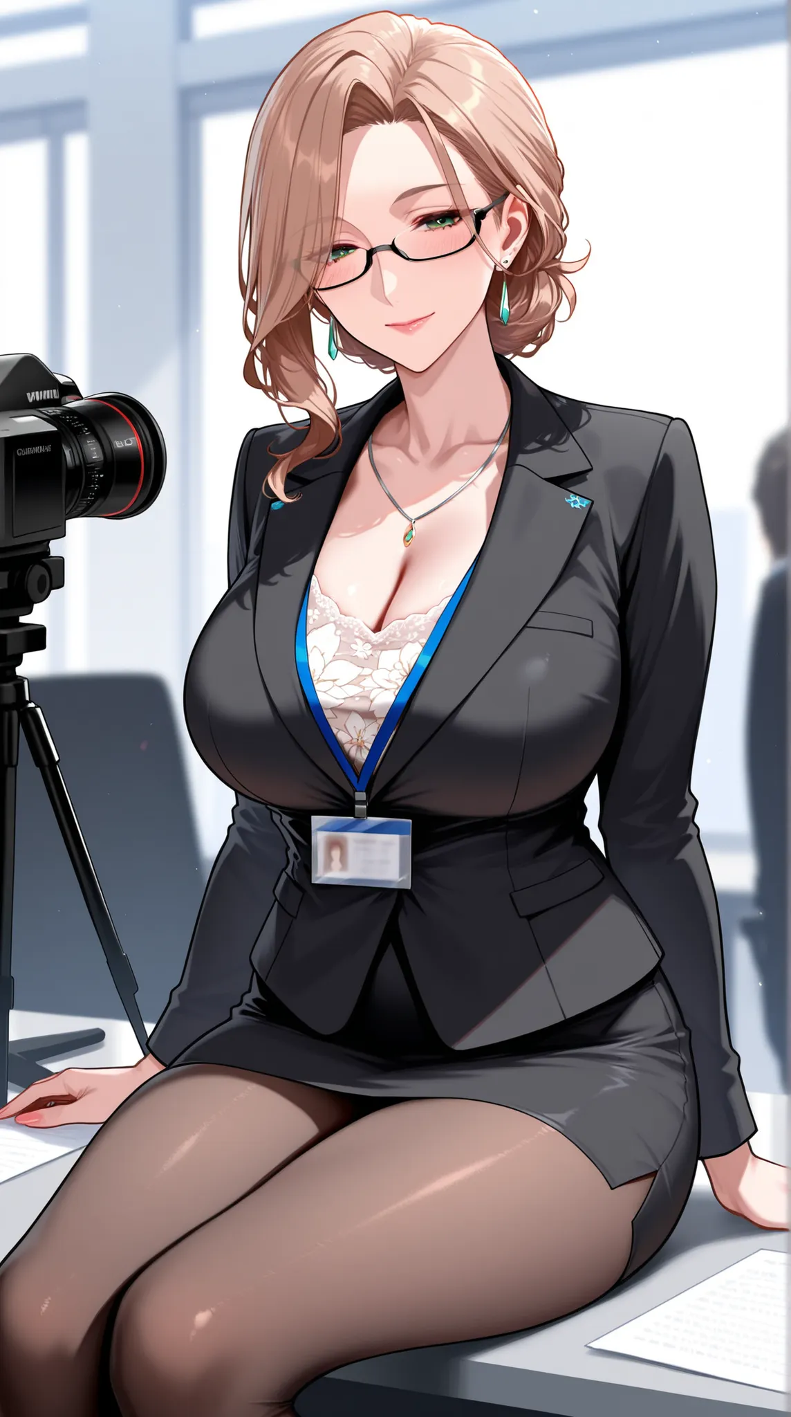 office lady supervised by camera, Design blouse, tight miniskirt, light brown stockings,