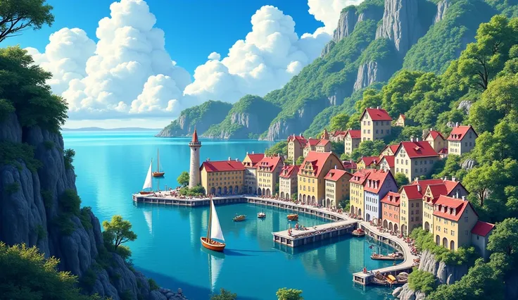 Northern Europe　Port town　Colorful houses々　Ghibli style　scenery
