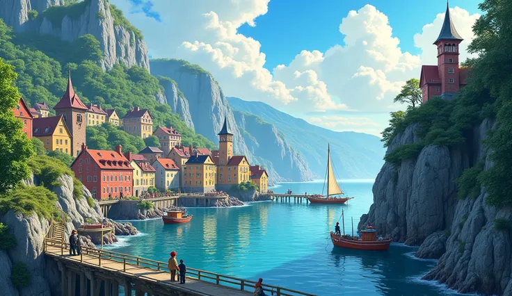 Northern Europe　Port town　Colorful houses々　Ghibli style　scenery