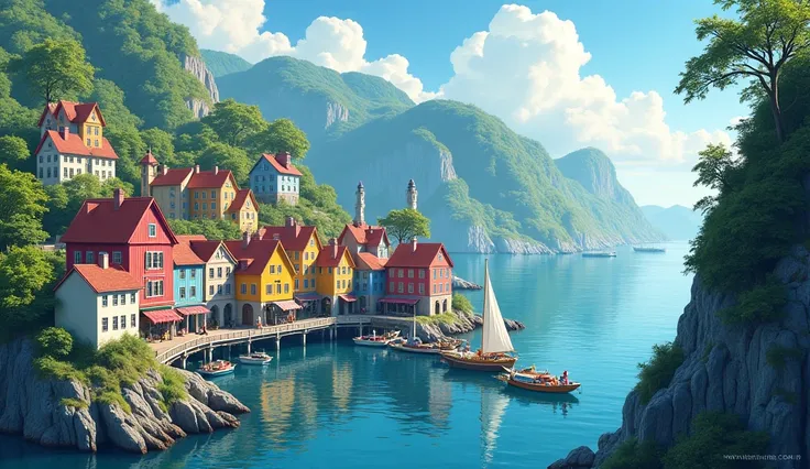 Northern Europe　Port town　Colorful houses々　Ghibli style　scenery
