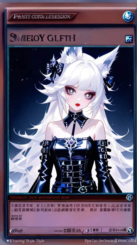 (傑作), ((全息圖)), 1girl, multiple hair colour, pastel colour, sparkling eyes, long hair, accessories, ((white wolf ears, white hair)), ((Smoky eyes, dark eyeshadow, bright red lip gloss)), very pale skin, simple_background, (off shoulder gothic corset, strapl...