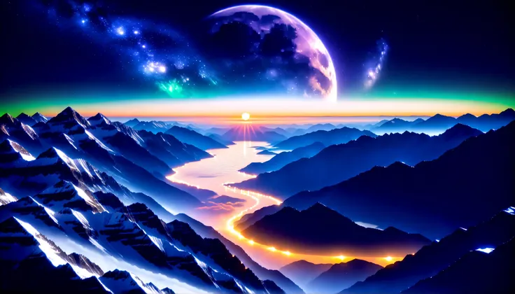 (greenく光る巨大な月:1.5),巨大なgreenい月,Ultra HD,high precision,High Quality,Detailed Scenery ,Night Sky,(Milky Way Galaxy:1.5),(The Alps:1.5),The giant moon and stars moving to the lake々,Beautiful Artistic Illustration, Ultramarine, green, purple, black,Solemn Atmo...