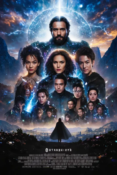 epic movie poster, the word: "LIGHTNING", credits, dramatic contrast between characters and large scenes, highly detailed main characters, piercing eyes, strong facial features, tense expression, heroic poses, imposing stature, 4k, ultra-detailed, photorea...
