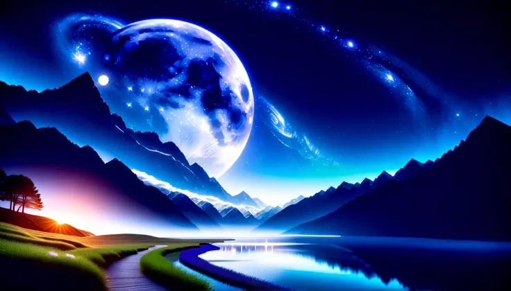 (greenく光る巨大な月:1.5),巨大なgreenい月,Ultra HD,high precision,High Quality,Detailed Scenery ,Night Sky,(Milky Way Galaxy:1.5),(The Alps:1.5),The giant moon and stars moving to the lake々,Beautiful Artistic Illustration, Ultramarine, green, purple, black,Solemn Atmo...