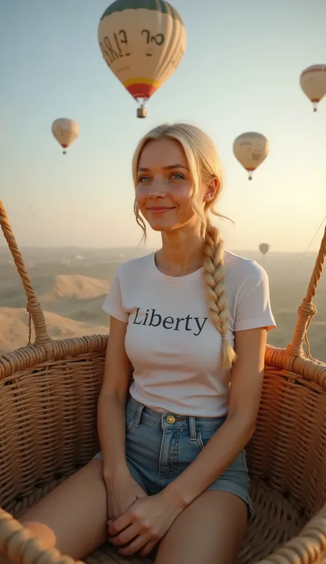 A photorealistic scene featuring one or more hot air balloons flying in a bright, clear sky during golden hour. A stunning platinum blonde woman with blue eyes and dreadlocks is sitting inside a large balloon basket that fits 3 passengers (approx. 1.15 m t...