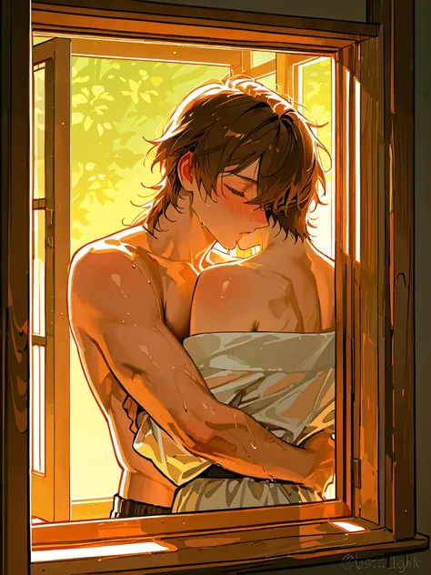 Shirtless boy kissing a sexy woman wearing a saree near a windowsill, natural light beaming through window, passionate, intensely intimate, lustful, hot, hugging tight, both blushing intensely 