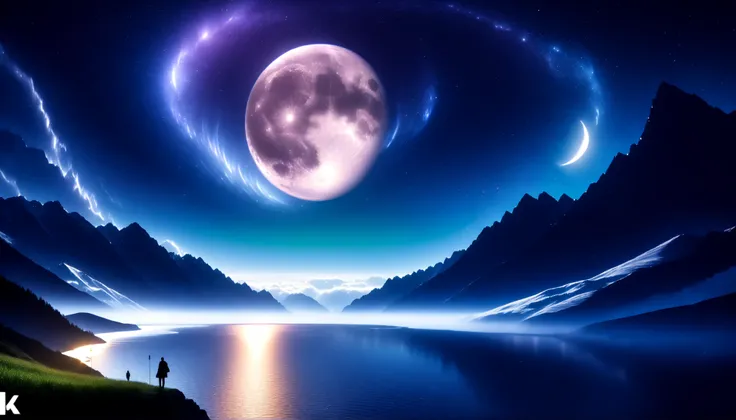 (greenく光る巨大な月:1.5),巨大なgreenい月,Ultra HD,high precision,High Quality,Detailed Scenery ,Night Sky,(Milky Way Galaxy:1.5),(The Alps:1.5),The giant moon and stars moving to the lake々,Beautiful Artistic Illustration, Ultramarine, green, purple, black,Solemn Atmo...