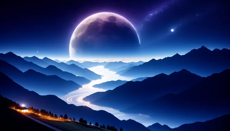 (greenく光る巨大な月:1.5),巨大なgreenい月,Ultra HD,high precision,High Quality,Detailed Scenery ,Night Sky,(Milky Way Galaxy:1.5),(The Alps:1.5),The giant moon and stars moving to the lake々,Beautiful Artistic Illustration, Ultramarine, green, purple, black,Solemn Atmo...