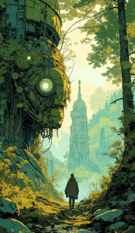 (masterpiece:1.2、Highest Quality、ultra high resolution、very detailed、best illustrations)、Ancient High-Tech Civilization Collapsed、A Desolate Postapocalyptic Forest Regenerated。Overgrown with greenery 、vines entangled in broken machines and collapsed towers...