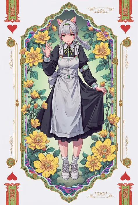  masterpiece, best image quality, high resolution, 8k,realistic, photorealistic: 1.3,((card design for card games)), cute,poor,  Rainbow Color  , expressionless,  full body, green eyes, high definition , Watch Viewers, magic , Nintendo, Cat Style Maid Costume,, cat ears, High Ponytail Hair, (Card game style design), Alone ,Flower of Light, magic 