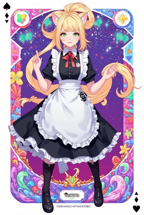  masterpiece, best image quality, high resolution, 8k,realistic, photorealistic: 1.3,((card design for card games)), cute,poor,  Rainbow Color  , expressionless,  full body, green eyes, high definition , Watch Viewers, magic , Nintendo, Cat Style Maid Costume,, cat ears, High Ponytail Hair, (Card game style design), Alone ,Flower of Light, magic 