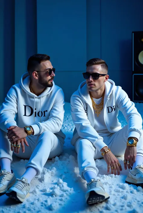 in a room with blue neon lighting (black light), two wealthy young handsome white guys, different but both wearing white Dior hoodies, white Dior jogging pants, white Dior nylon-socks, Nike airmax & Dior sneakers, lots of mobster-style gold & crystal rings...
