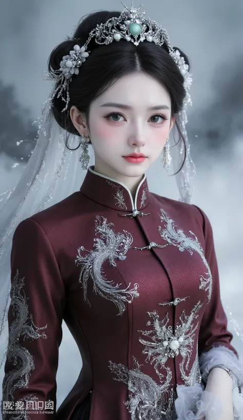 masterpiece, Best Quality, 1 Girl, wearing a gorgeous traditional Chinese wedding dress, dark red brocade fabric,with exquisite dragon and phoenix embroidery, Pearls and gemstones, with delicate knots on the high neck, flowing transparent veil,with a ligh...