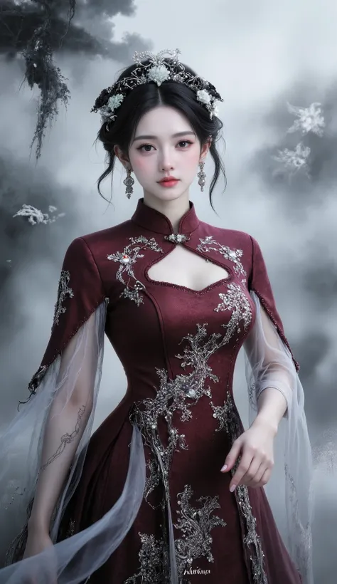 masterpiece, Best Quality, 1 Girl, wearing a gorgeous traditional Chinese wedding dress, dark red brocade fabric,with exquisite dragon and phoenix embroidery, Pearls and gemstones, with delicate knots on the high neck, flowing transparent veil,with a ligh...