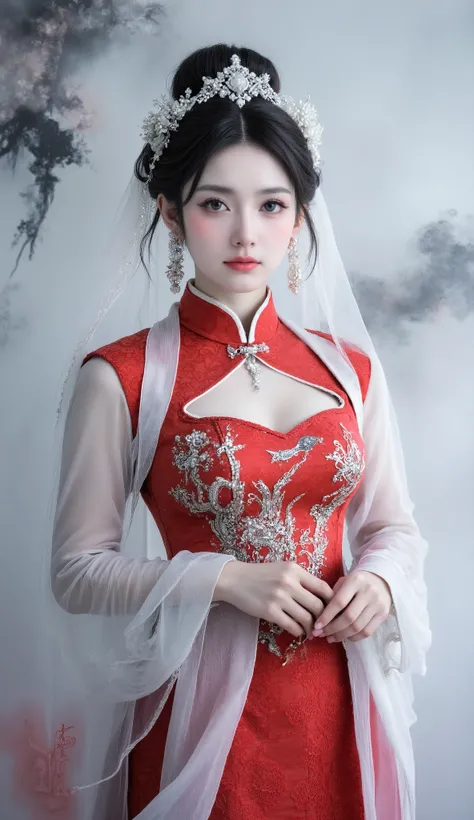masterpiece, Best Quality, 1 Girl, wearing a gorgeous traditional Chinese wedding dress, The red tapestry fabric,with exquisite dragon and phoenix embroidery, Pearls and gemstones, with delicate knots on the high neck, flowing transparent veil,with a ligh...