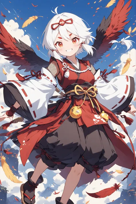 thin and soft painting style 、Tengu girl、Sky Dog Decoration、Tengu Outfit、Tengu feather、Tengu clogs、Red eyebrows、white hair、red mesh、yellow porn、squint、boyish、smile