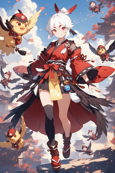 thin and soft painting style 、Tengu girl、Sky Dog Decoration、Tengu Outfit、Tengu feather、Tengu clogs、Red eyebrows、white hair、red mesh、yellow porn、squint、boyish、smile
