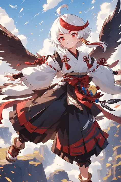 thin and soft painting style 、Tengu girl、Sky Dog Decoration、Tengu Outfit、Tengu feather、Tengu clogs、Red eyebrows、white hair, highlights hair, red streaked hair、yellow porn、squint、boyish、smile