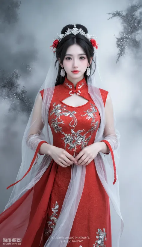 masterpiece, Best Quality, 1 Girl, wearing a gorgeous traditional Chinese wedding dress, The red tapestry fabric,with exquisite dragon and phoenix embroidery, Pearls and gemstones, with delicate knots on the high neck, flowing transparent veil,with a ligh...