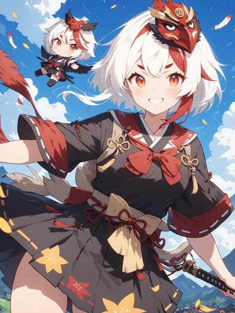 thin and soft painting style 、1 person、solo、 chibiキャラ、 chibi、Tengu girl、Sky Dog Decoration、Tengu Outfit、Tengu feather、Tengu clogs、Red eyebrows、Mask of a tengu on the head、white hair, highlights hair, red streaked hair、yellow porn、squint、boyish、smile、Teng...