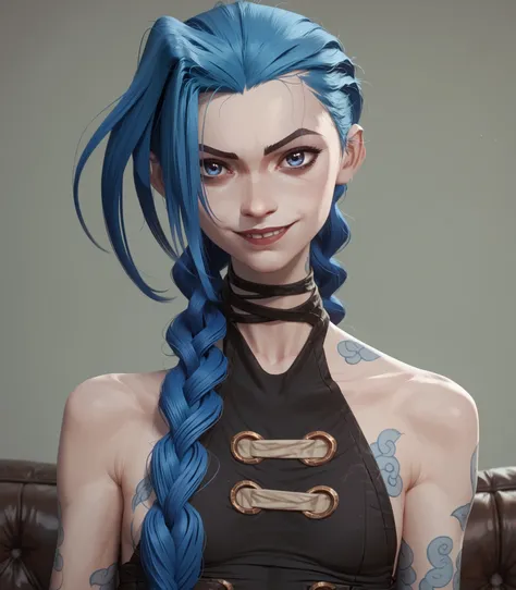 Lora: jinx, blue eyes     and blue hair       smirking       small breasts   beautiful lacy dres     , flat chest