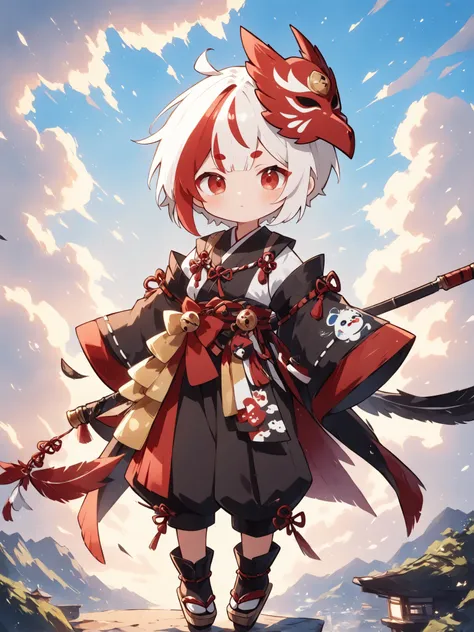 thin and soft painting style 、1 person、solo、 chibiキャラ、 chibi、Tengu girl、Sky Dog Decoration、Tengu Outfit、Tengu feather、Tengu clogs、Red eyebrows、Mask of a tengu on the head、white hair, highlights hair, red streaked hair、yellow porn、squint、boyish