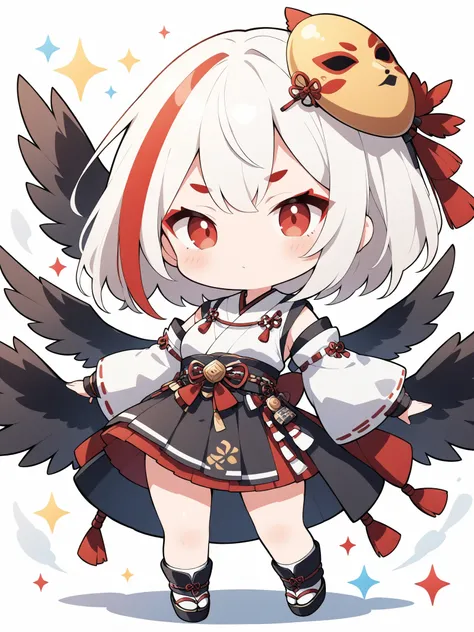 thin and soft painting style 、1 person、solo、 chibiキャラ、 chibi、Tengu girl、Sky Dog Decoration、Tengu Outfit、Tengu feather、Tengu clogs、Red eyebrows、Mask of a tengu on the head、red eyeliner、white hair, highlights hair, red streaked hair、yellow porn、squint、boyi...