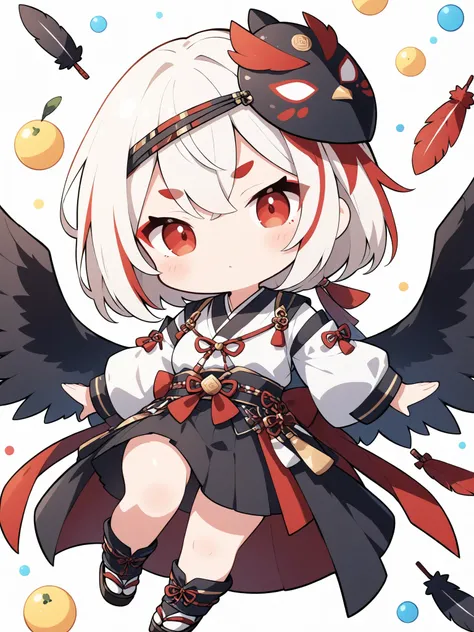 thin and soft painting style 、1 person、solo、 chibiキャラ、 chibi、Tengu girl、Sky Dog Decoration、Tengu Outfit、Tengu feather、Tengu clogs、Red eyebrows、Mask of a tengu on the head、red eyeliner、white hair, highlights hair, red streaked hair、yellow porn、squint、boyi...