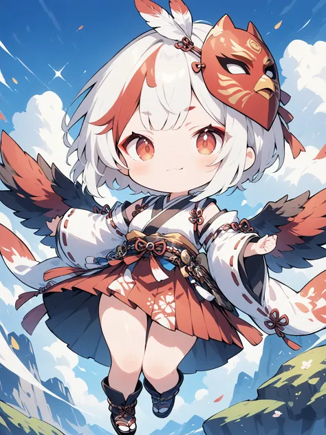 thin and soft painting style 、1 person、solo、 chibiキャラ、 chibi、Tengu girl、Sky Dog Decoration、Tengu Outfit、Tengu feather、Tengu clogs、Red eyebrows、Mask of a tengu on the head、red eyeliner、white hair, highlights hair, red streaked hair、yellow porn、squint、boyi...