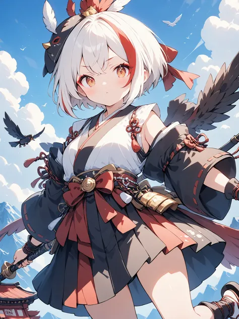 thin and soft painting style 、1 person、solo、 chibiキャラ、 chibi、Tengu girl、Sky Dog Decoration、Tengu Outfit、Tengu feather、Tengu clogs、Red eyebrows、Mask of a tengu on the head、red eyeliner、white hair, highlights hair, red streaked hair、yellow porn、squint、boyi...