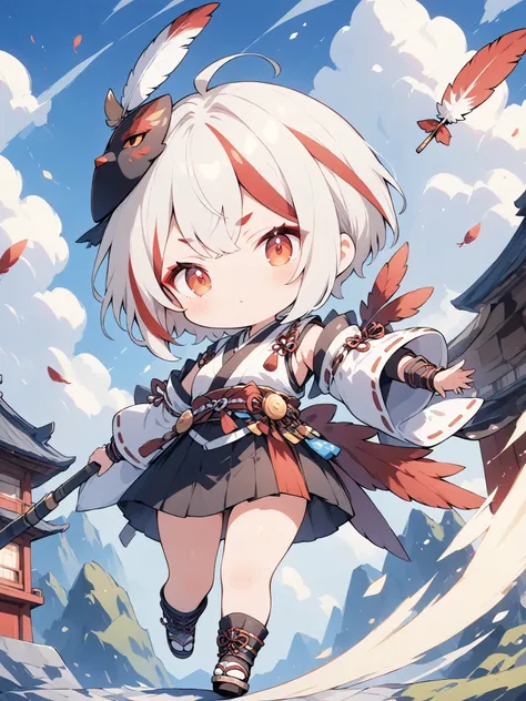 thin and soft painting style 、1 person、solo、 chibiキャラ、 chibi、Tengu girl、Sky Dog Decoration、Tengu Outfit、Tengu feather、Tengu clogs、Red eyebrows、Mask of a tengu on the head、red eyeliner、white hair, highlights hair, red streaked hair、yellow porn、squint、boyi...