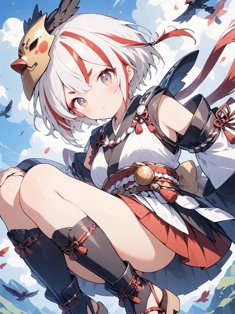 thin and soft painting style 、1 person、solo、 chibiキャラ、 chibi、Tengu girl、Sky Dog Decoration、Tengu Outfit、((Tengu no Tsubasa))、Tengu clogs、Red eyebrows、Mask of a tengu on the head、red eyeliner、white hair, highlights hair, red streaked hair、yellow porn、squi...