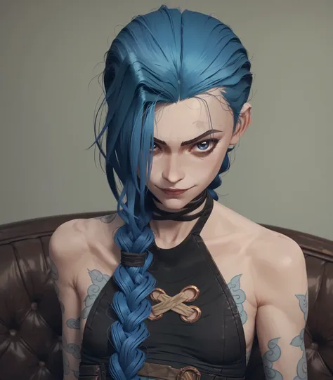 Lora: jinx, blue eyes     and blue hair       smirking       small breasts   beautiful lacy dres     , flat chest