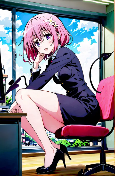 Momo Deviluke,solo, Demon Tail, hair flower, hair ornament, PURPLE EYES, pink hair, short hair, Medium breast,heart shaped necklace,smile,blush,open your mouth,OL,  red glasses, end, black suit jacket,  collared jacket, white dress shirt, collar shirt, but...